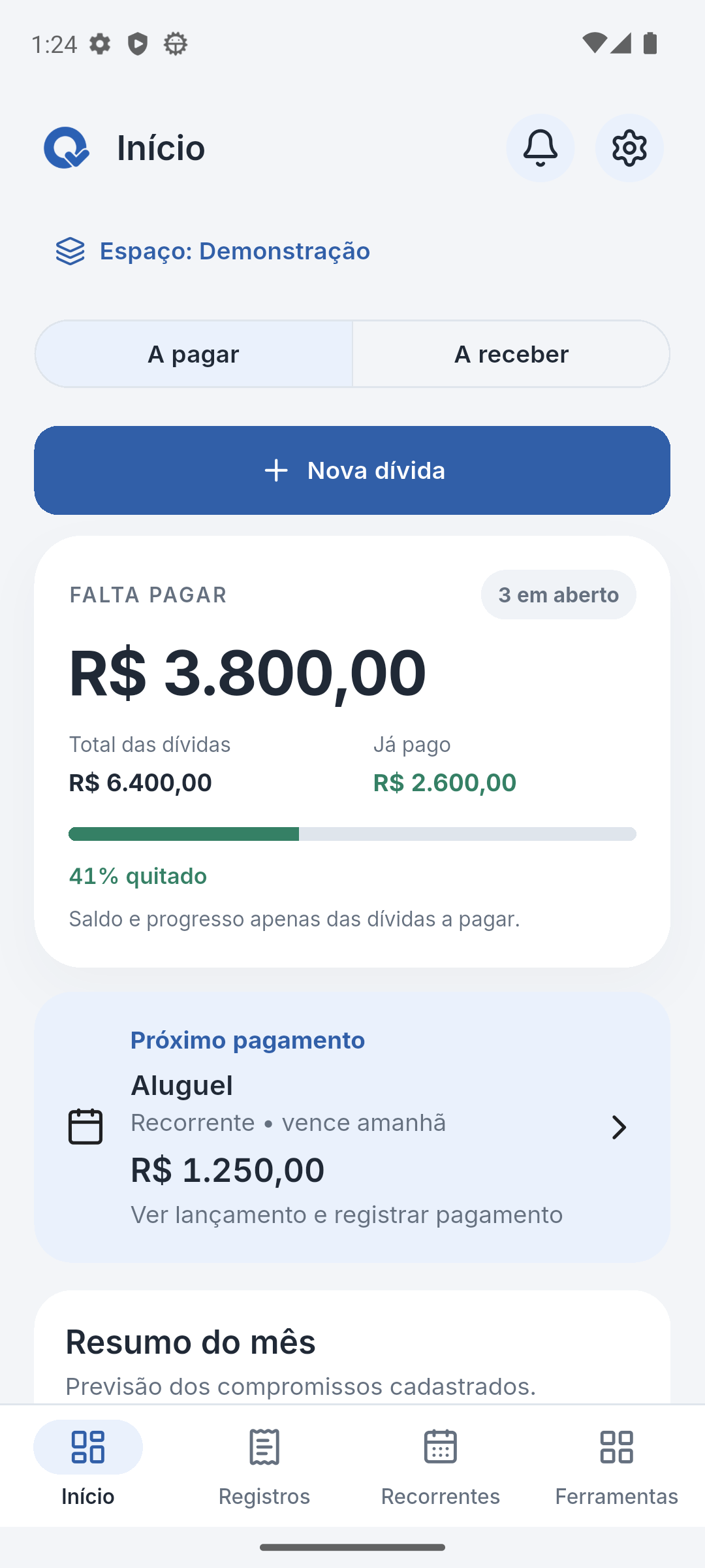 Início: R$ 3.800 restantes, R$ 2.600 já pagos e 41% quitado.