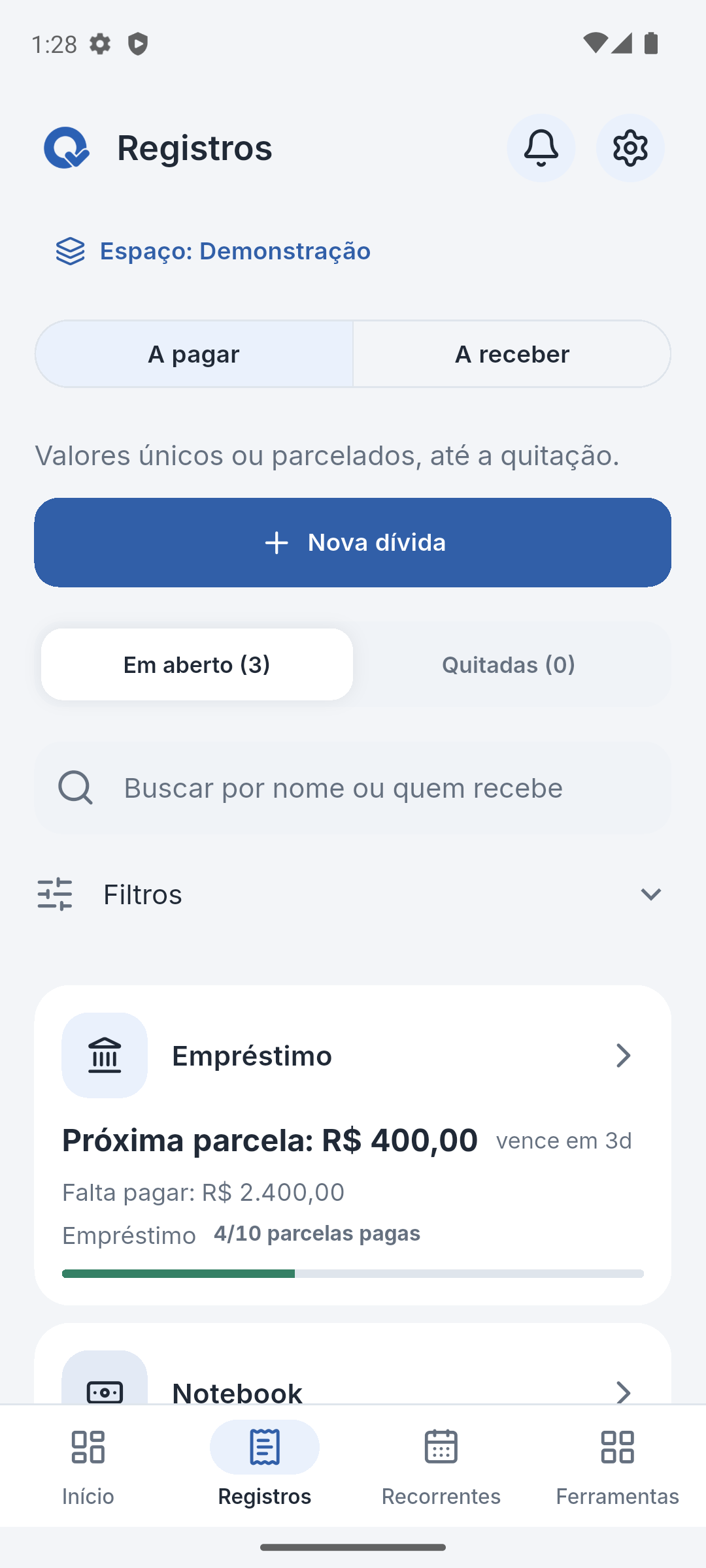Registros: dívidas em aberto e próxima parcela do empréstimo de R$ 400.