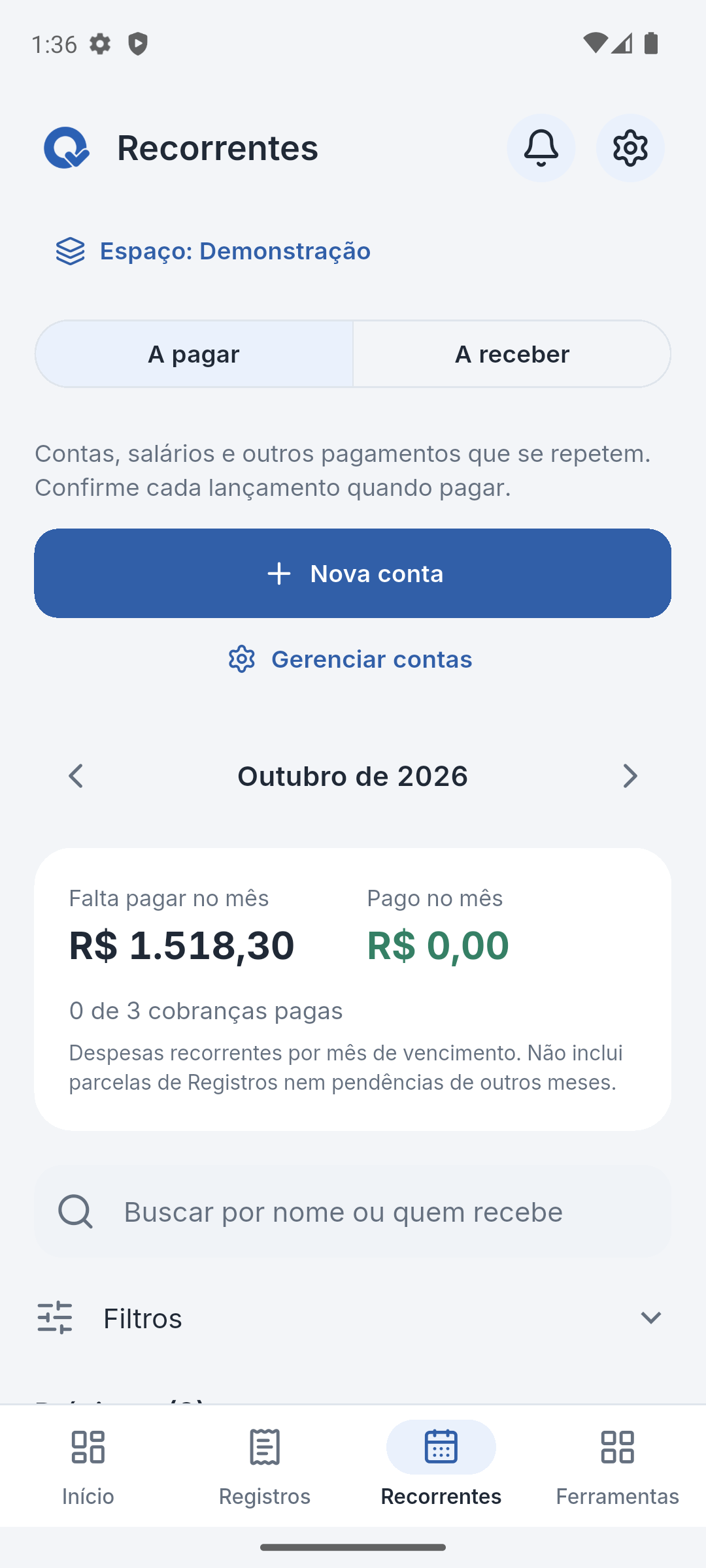 Recorrentes: resumo de outubro com R$ 1.518,30 a pagar em contas mensais.